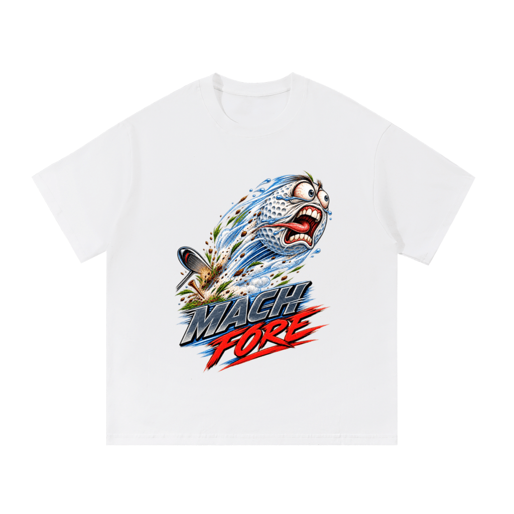 White Mach Fore T-shirt, front view with a screaming cartoon golf ball with blue motion streaks and red and gray lettering.