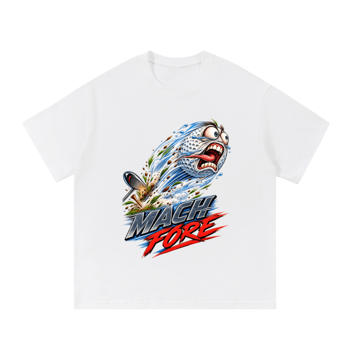 White Mach Fore T-shirt, front view with a screaming cartoon golf ball with blue motion streaks and red and gray lettering.