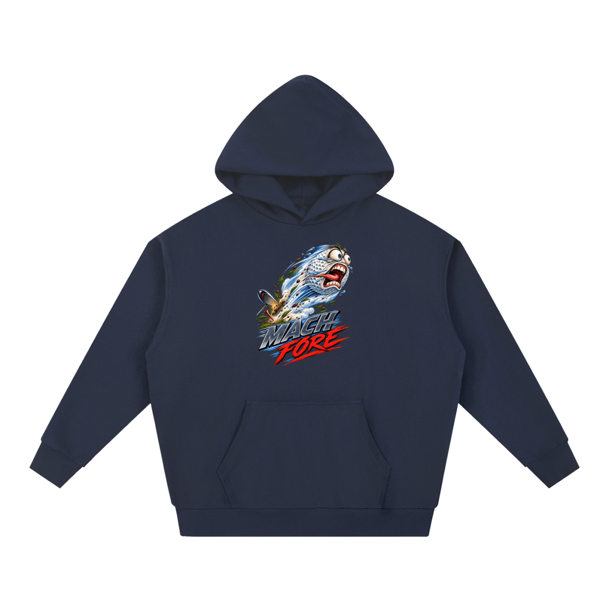 Navy blue Mach Fore Funny Golf heavyweight hoodie, front view with a screaming golf ball with blue motion streaks above Mach Fore lettering.