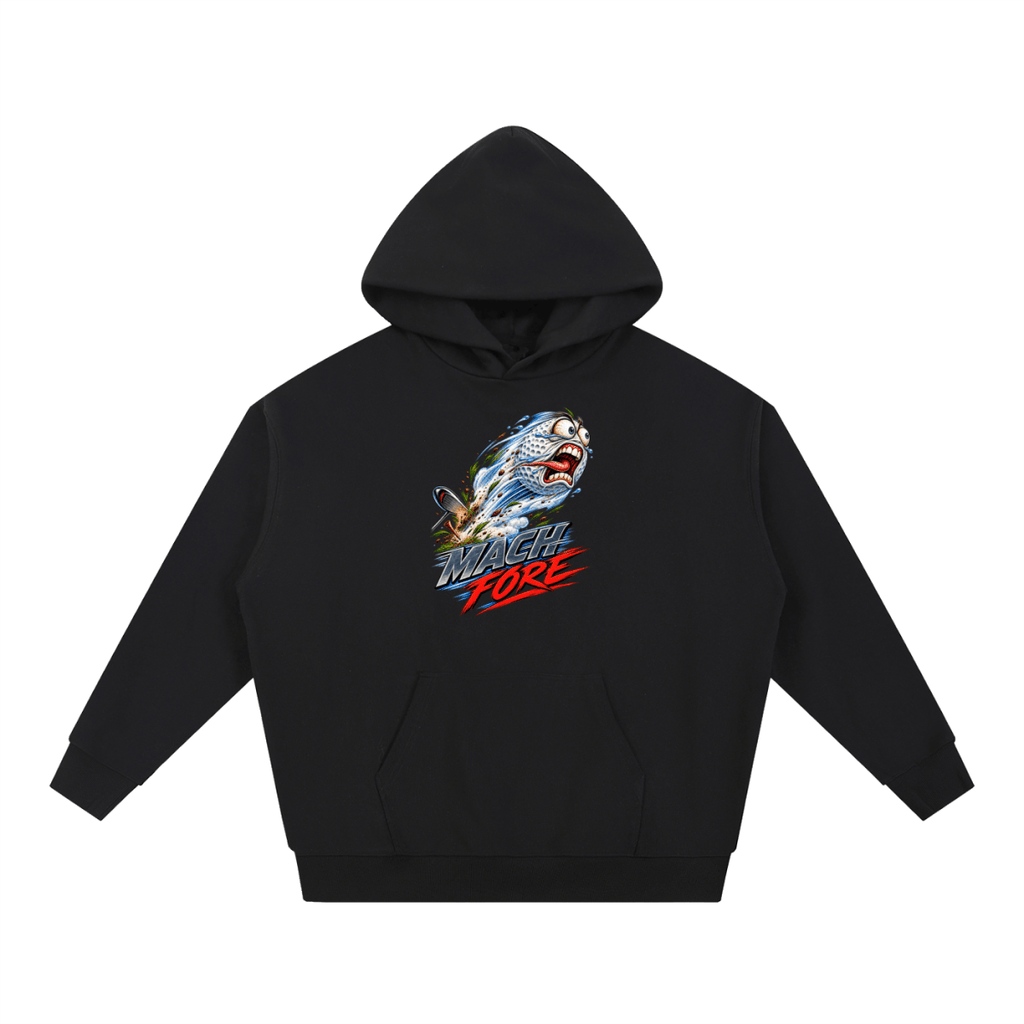 Black Mach Fore Funny Golf heavyweight hoodie, front view with a screaming golf ball with blue motion streaks above Mach Fore lettering.