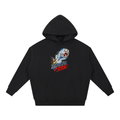Black Mach Fore Funny Golf heavyweight hoodie, front view with a screaming golf ball with blue motion streaks above Mach Fore lettering.