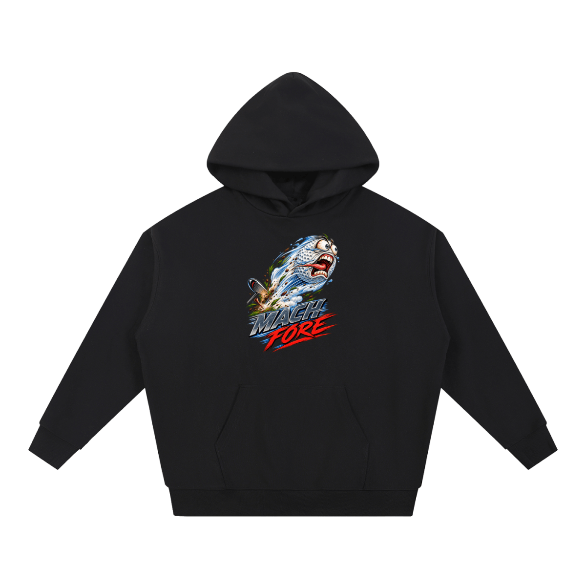 Black Mach Fore Funny Golf heavyweight hoodie, front view with a screaming golf ball with blue motion streaks above Mach Fore lettering.