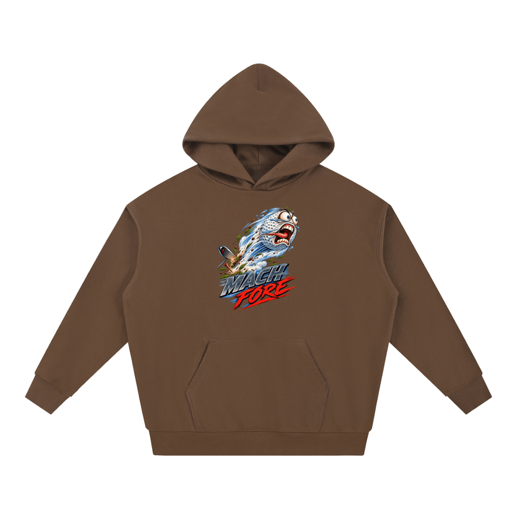 Brown Mach Fore Funny Golf heavyweight hoodie, front view with a screaming golf ball with blue motion streaks above Mach Fore lettering.