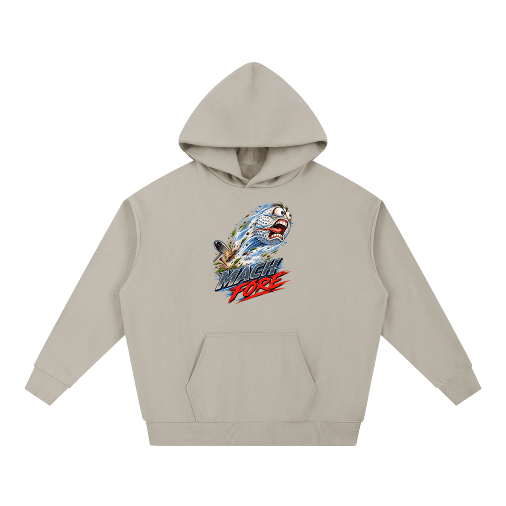 Taupe Mach Fore Funny Golf heavyweight hoodie, front view with a screaming golf ball with blue motion streaks above Mach Fore lettering.