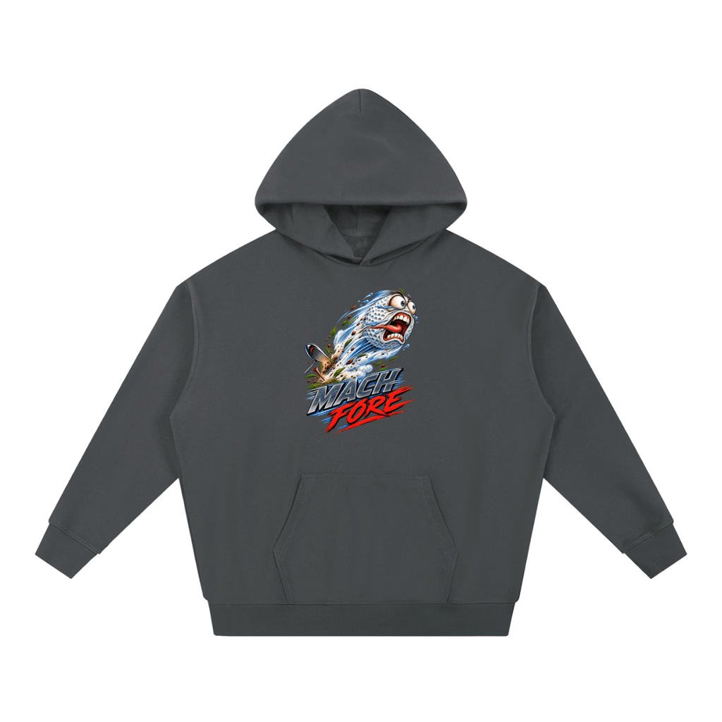 Charcoal gray Mach Fore Funny Golf heavyweight hoodie, front view with a screaming golf ball with blue motion streaks above Mach Fore lettering.