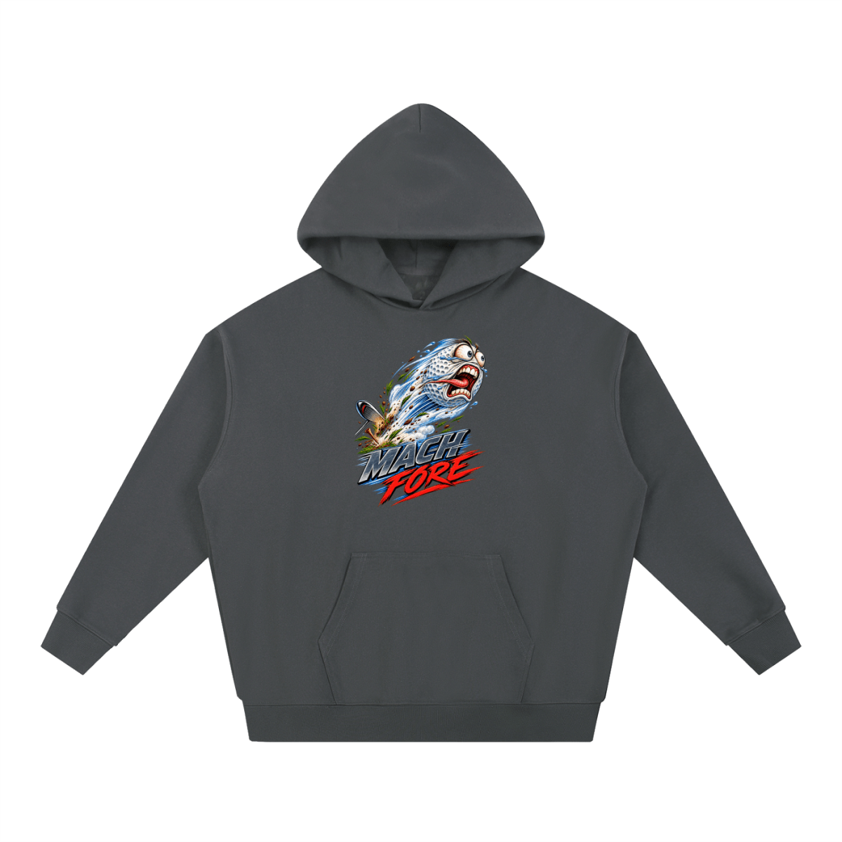 Charcoal gray Mach Fore Funny Golf heavyweight hoodie, front view with a screaming golf ball with blue motion streaks above Mach Fore lettering.