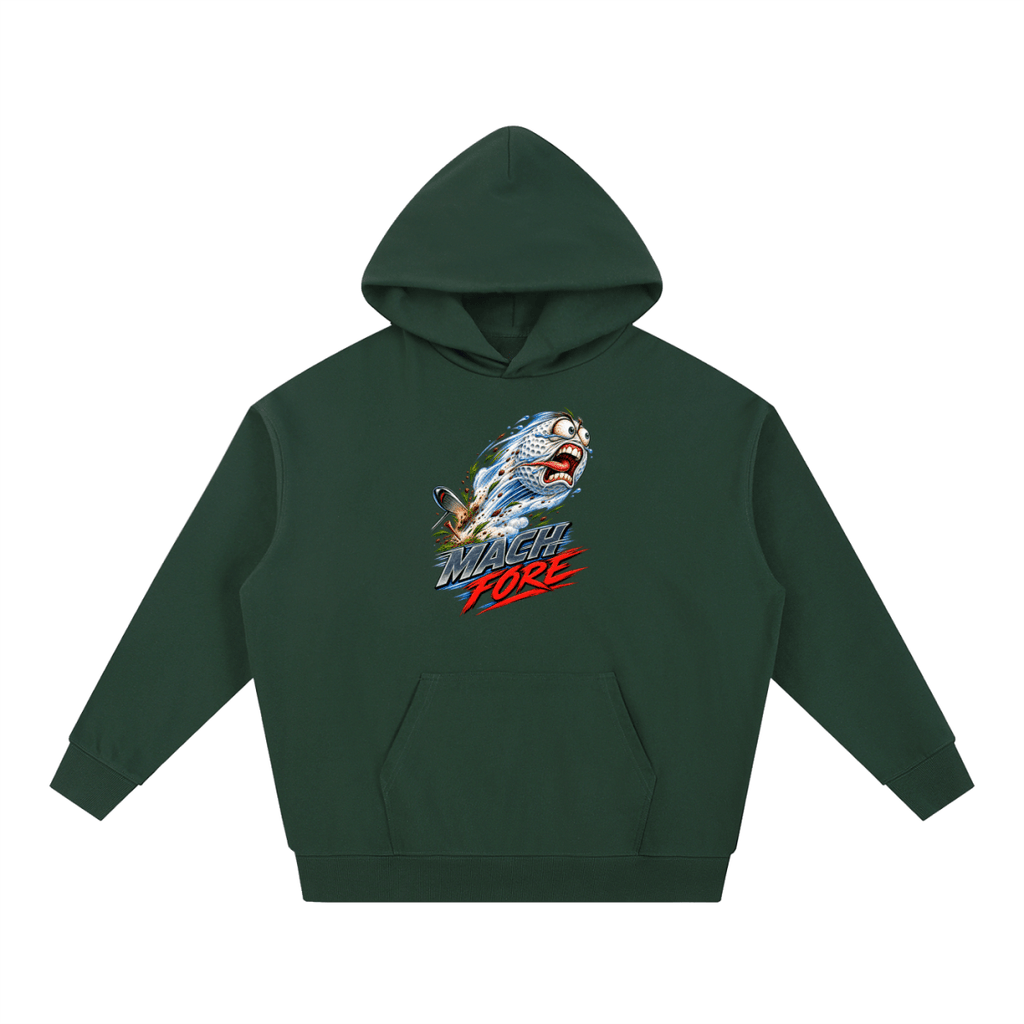 Forest green Mach Fore Funny Golf heavyweight hoodie, front view with a screaming golf ball with blue motion streaks above Mach Fore lettering.