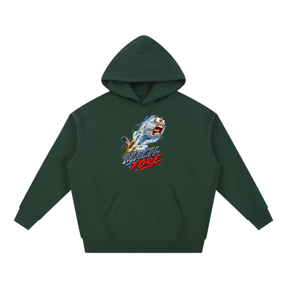 Forest green Mach Fore Funny Golf heavyweight hoodie, front view with a screaming golf ball with blue motion streaks above Mach Fore lettering.