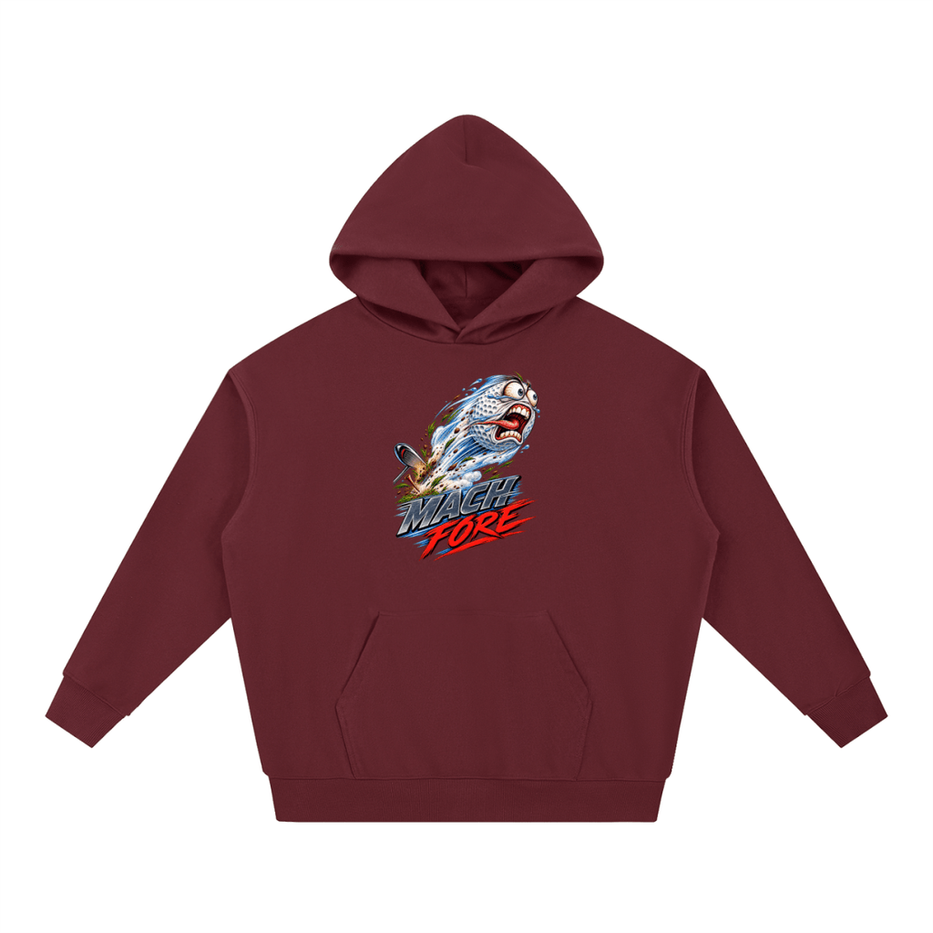 Burgundy Mach Fore Funny Golf heavyweight hoodie, front view with a screaming golf ball with blue motion streaks above Mach Fore lettering.