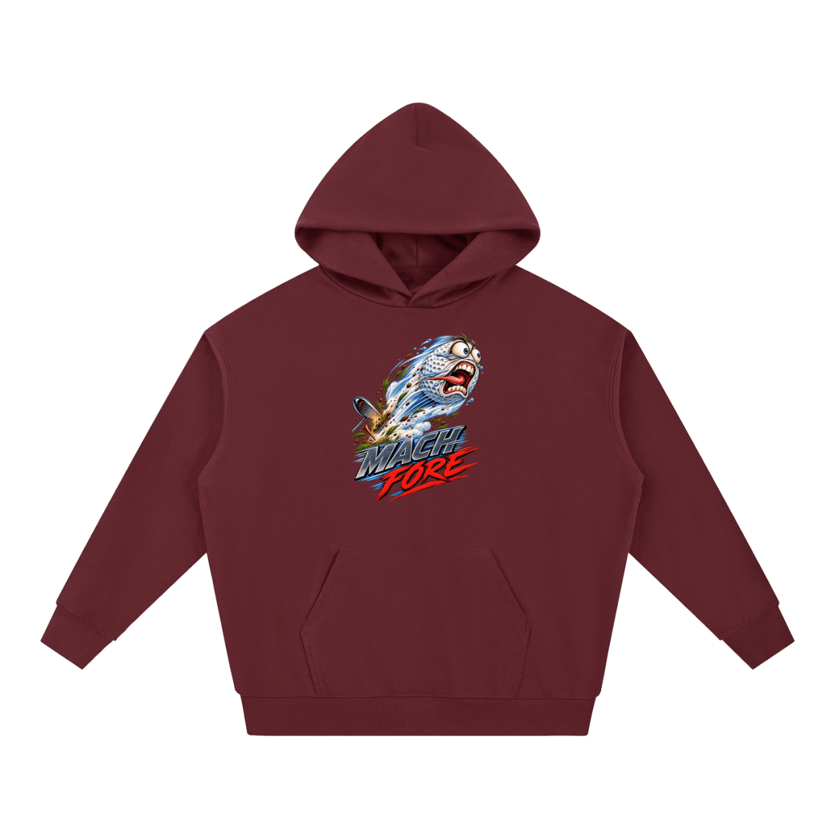 Burgundy Mach Fore Funny Golf heavyweight hoodie, front view with a screaming golf ball with blue motion streaks above Mach Fore lettering.