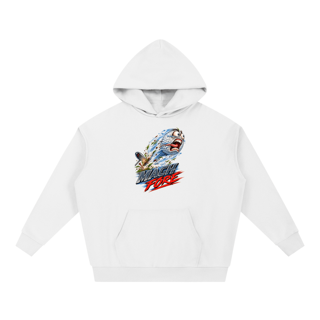 White Mach Fore Funny Golf heavyweight hoodie, front view with a screaming golf ball with blue motion streaks above Mach Fore lettering.