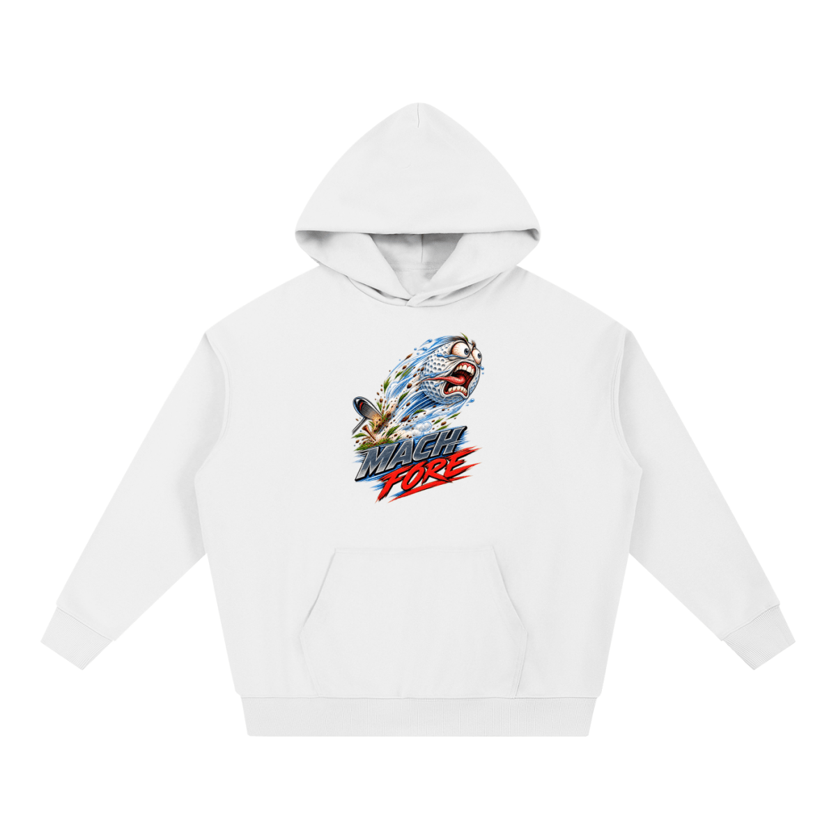 White Mach Fore Funny Golf heavyweight hoodie, front view with a screaming golf ball with blue motion streaks above Mach Fore lettering.