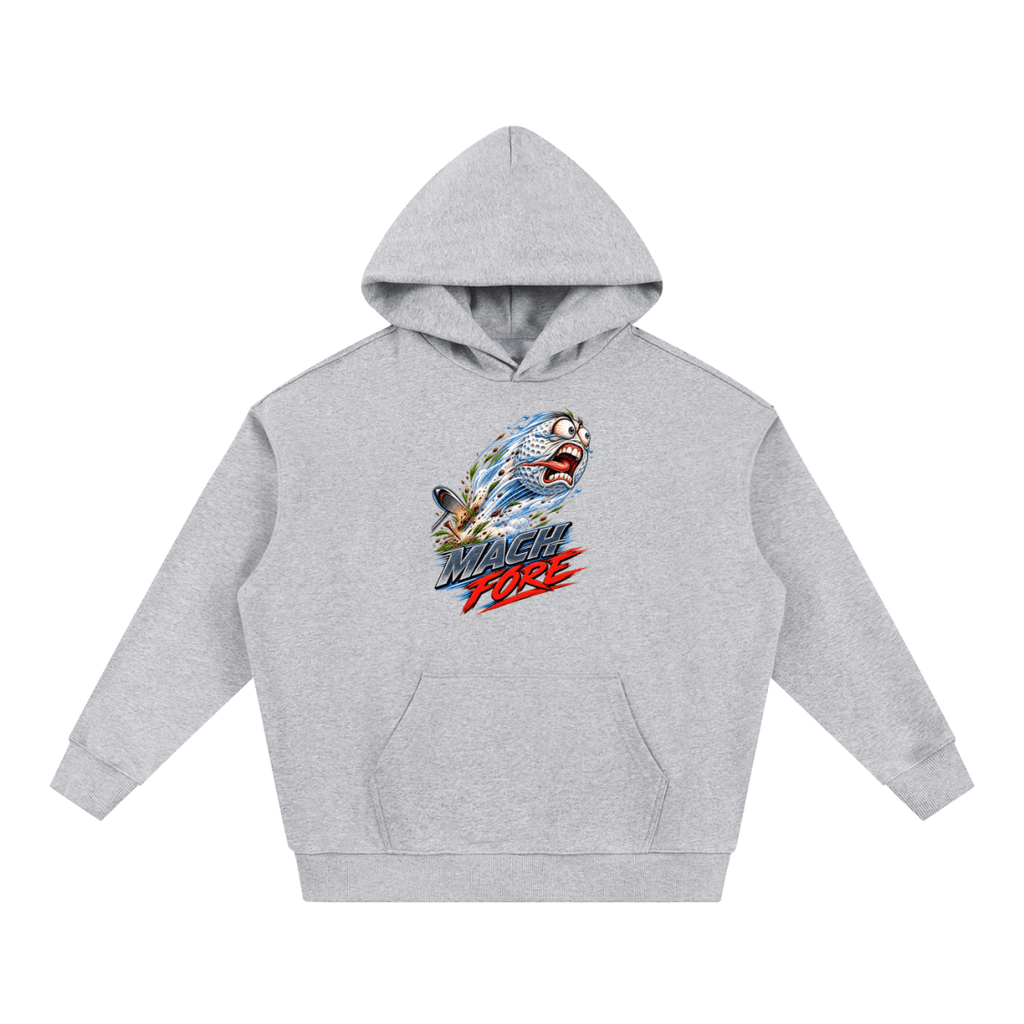 Light gray Mach Fore Funny Golf heavyweight hoodie, front view with a screaming golf ball with blue motion streaks above Mach Fore lettering.
