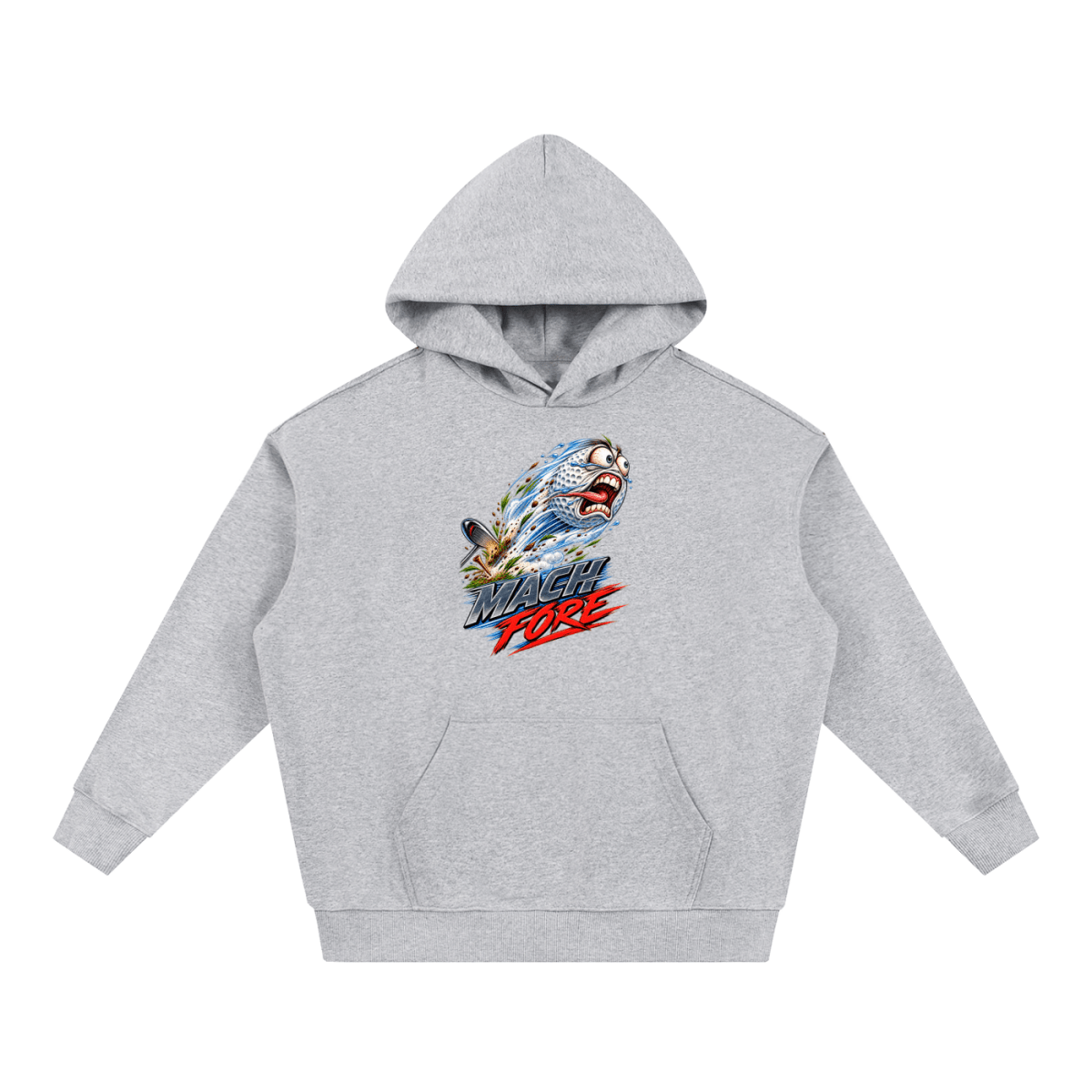 Light gray Mach Fore Funny Golf heavyweight hoodie, front view with a screaming golf ball with blue motion streaks above Mach Fore lettering.