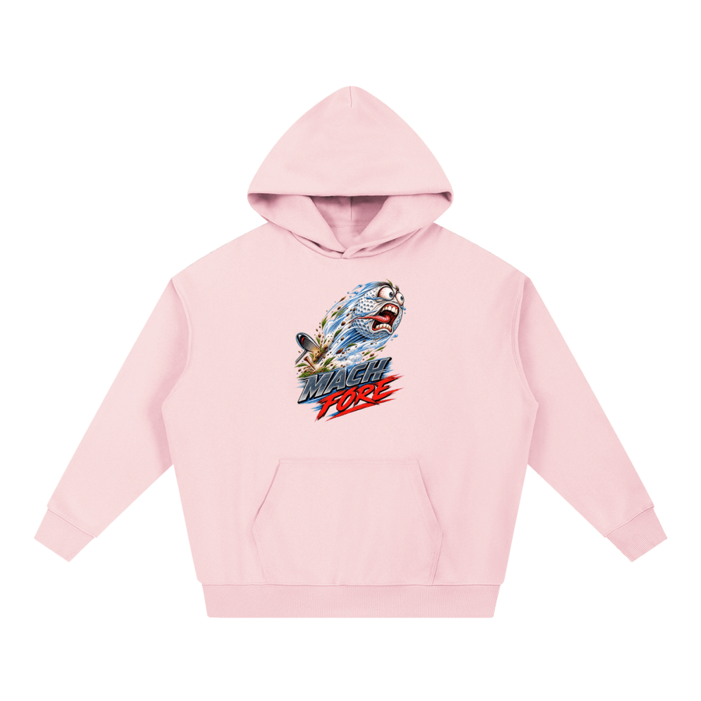 Light pink Mach Fore Funny Golf heavyweight hoodie, front view with a screaming golf ball with blue motion streaks above Mach Fore lettering.