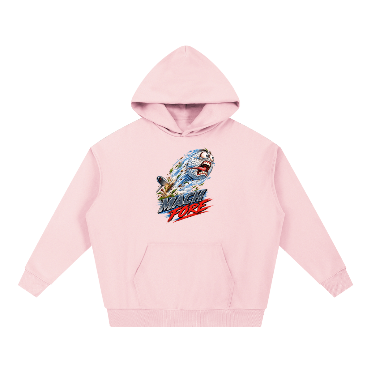 Light pink Mach Fore Funny Golf heavyweight hoodie, front view with a screaming golf ball with blue motion streaks above Mach Fore lettering.