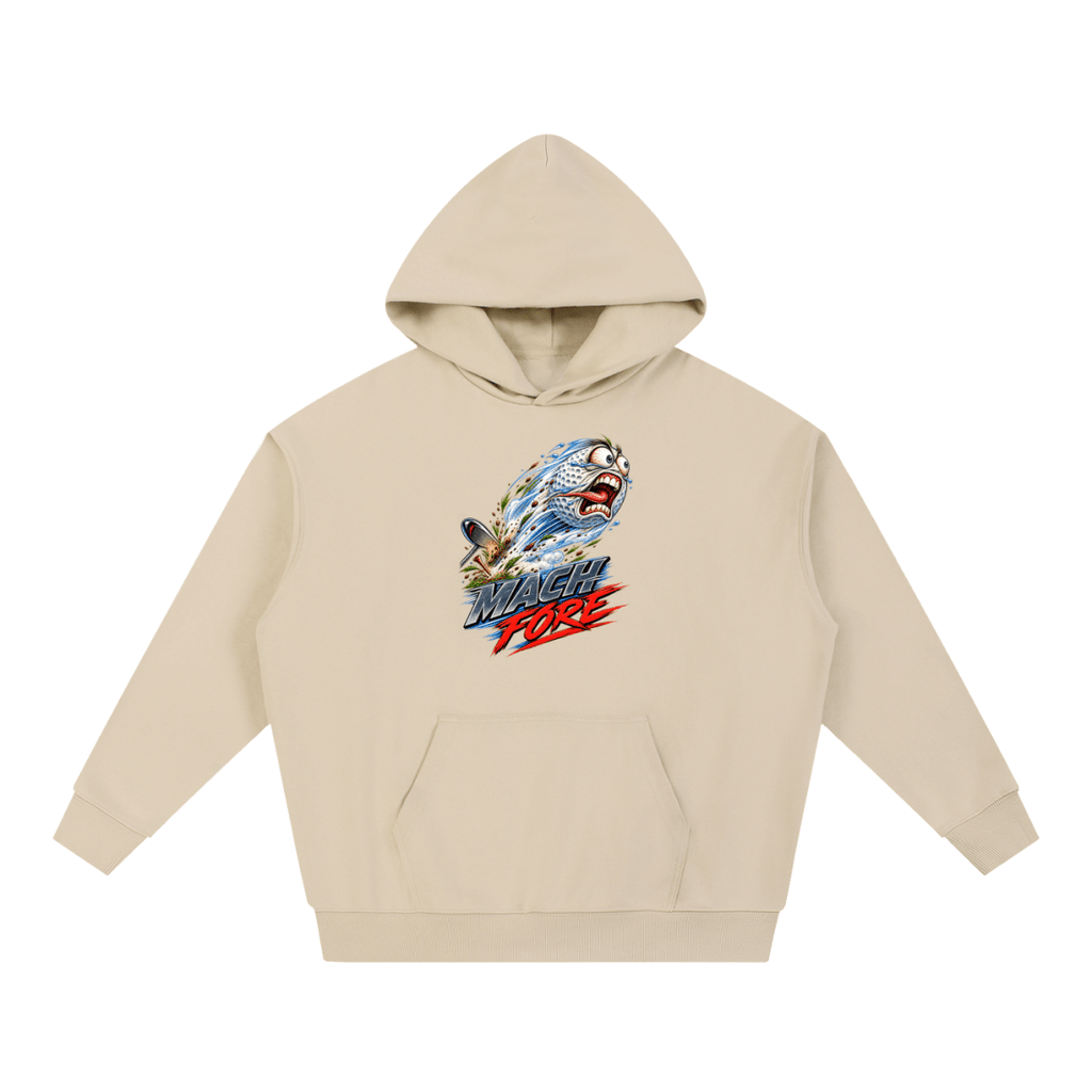 Beige Mach Fore Funny Golf heavyweight hoodie, front view with a screaming golf ball with blue motion streaks above Mach Fore lettering.