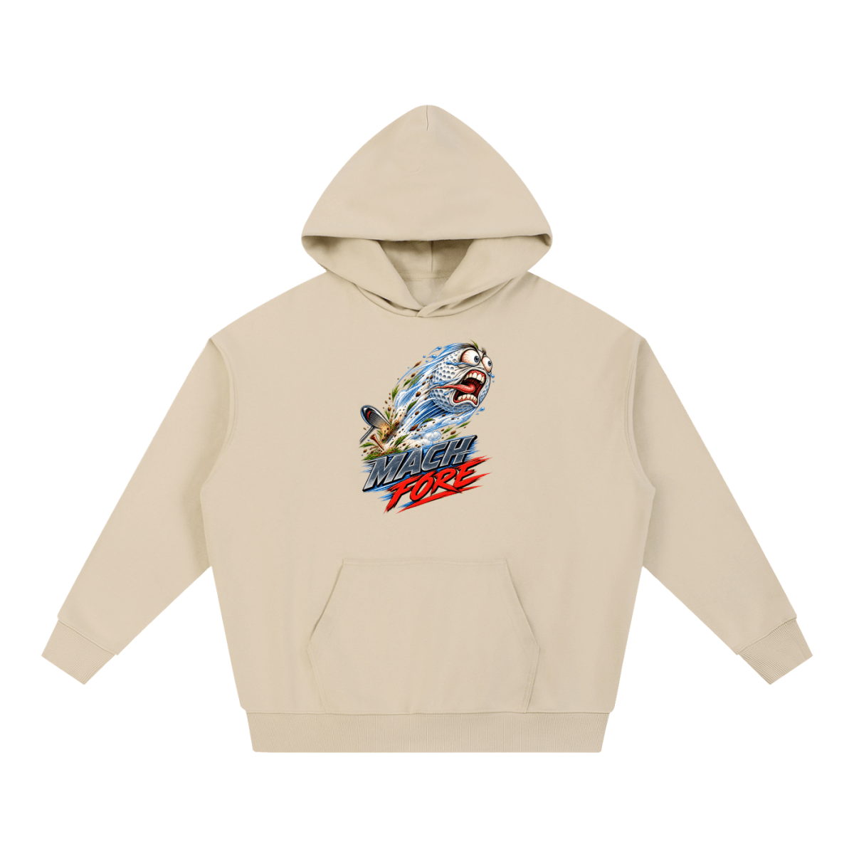 Beige Mach Fore Funny Golf heavyweight hoodie, front view with a screaming golf ball with blue motion streaks above Mach Fore lettering.