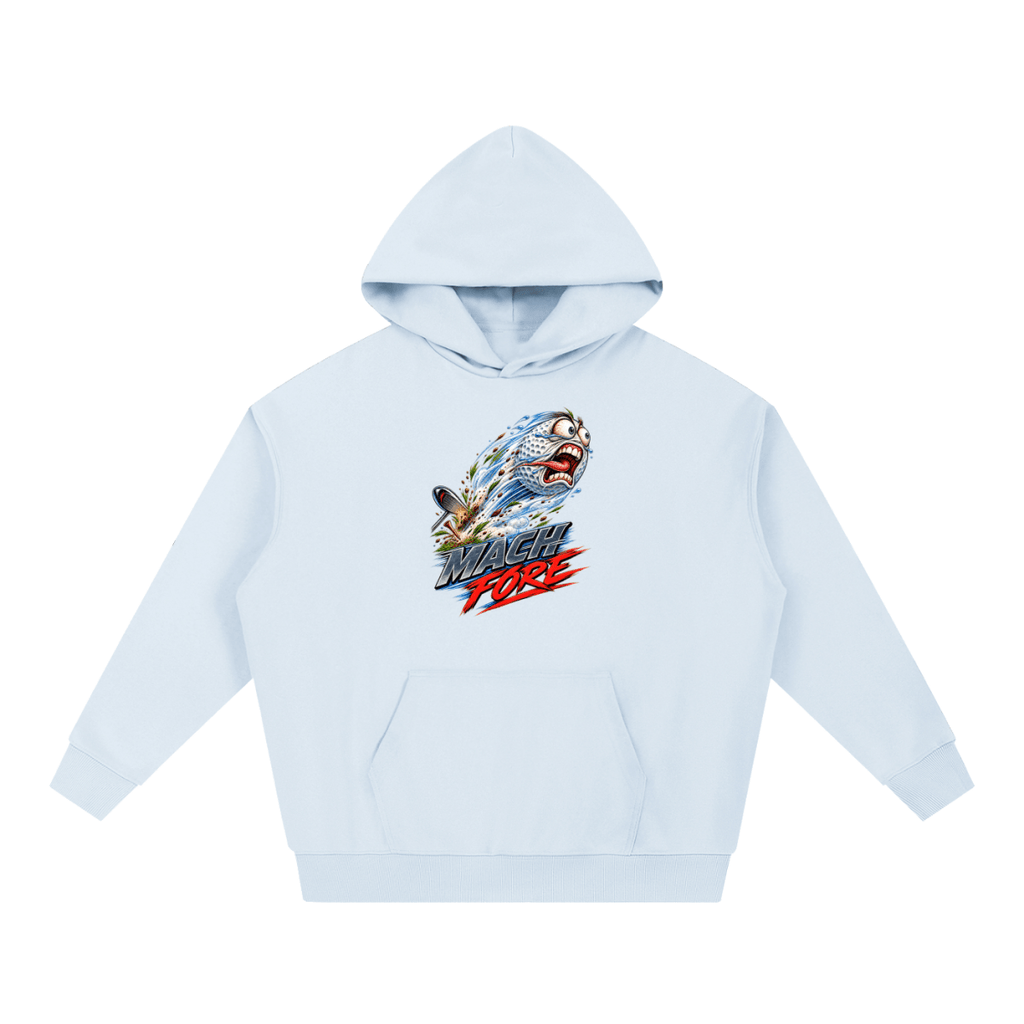 Light blue Mach Fore Funny Golf heavyweight hoodie, front view with a screaming golf ball with blue motion streaks above Mach Fore lettering.