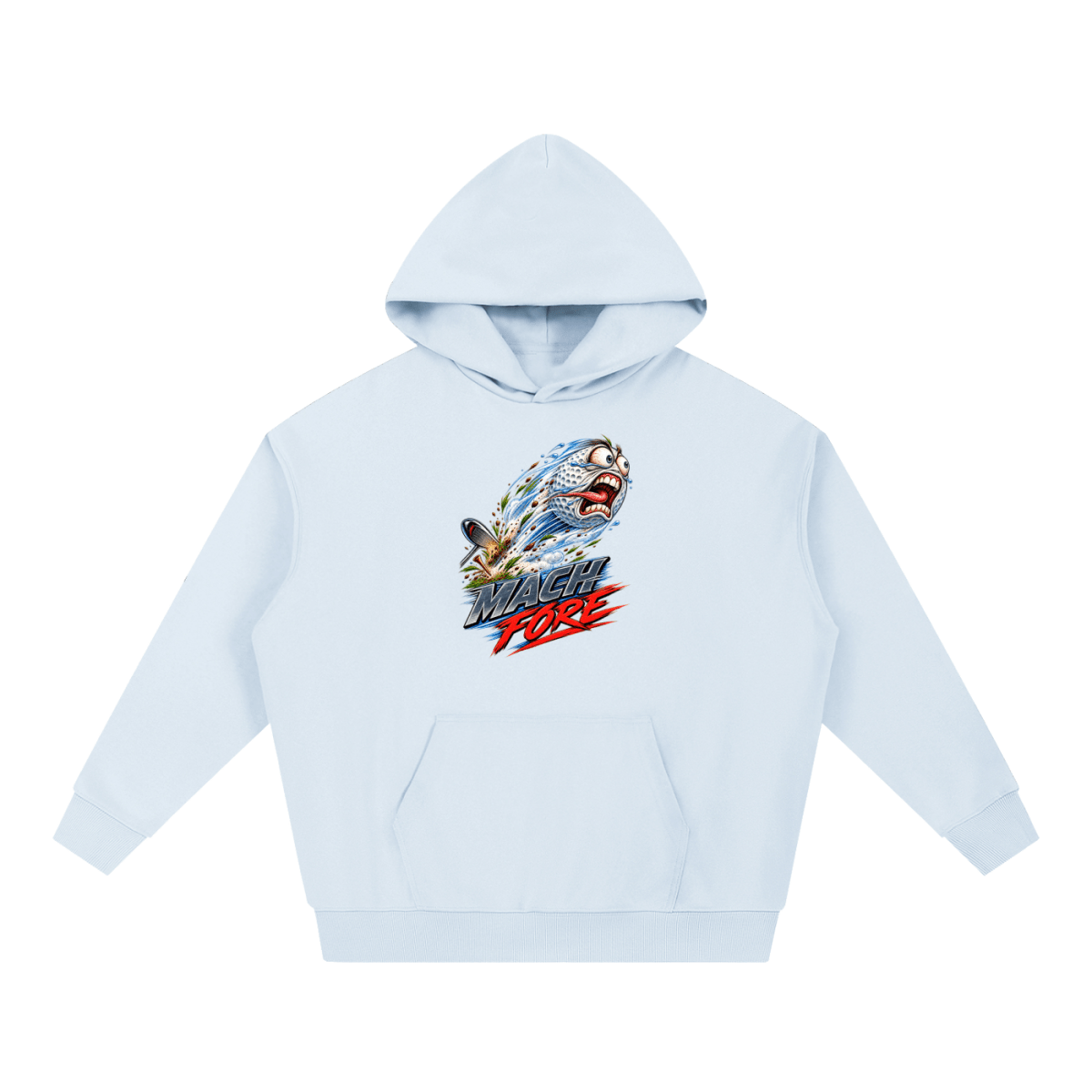 Light blue Mach Fore Funny Golf heavyweight hoodie, front view with a screaming golf ball with blue motion streaks above Mach Fore lettering.