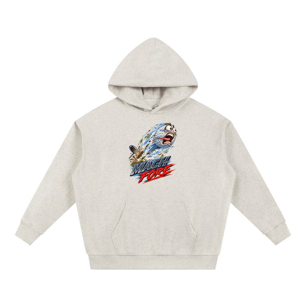 Oatmeal Mach Fore Funny Golf heavyweight hoodie, front view with a screaming golf ball with blue motion streaks above Mach Fore lettering.