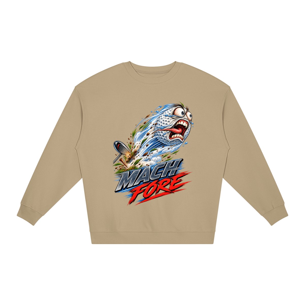 Khaki Mach Fore Funny Golf loose crewneck sweatshirt, front view with a screaming golf ball with blue motion streaks above Mach Fore lettering.