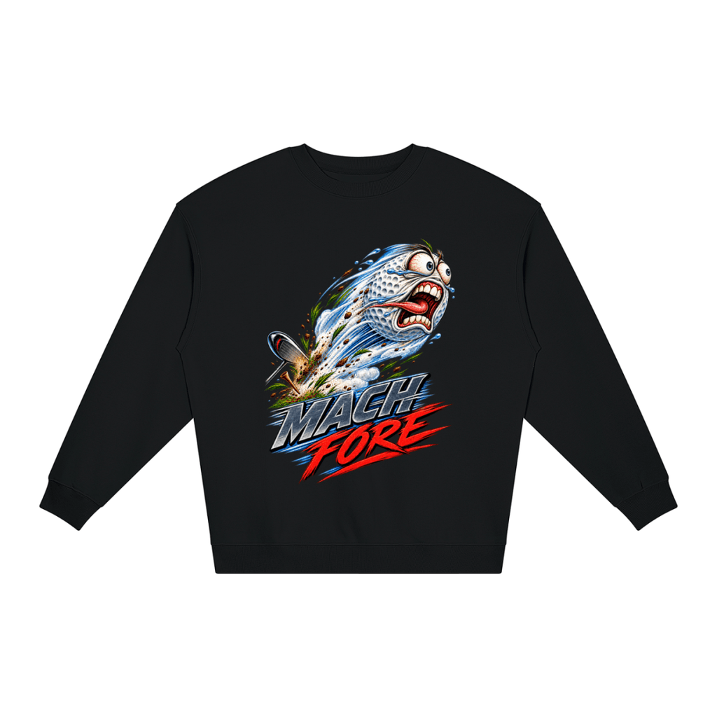 Black Mach Fore Funny Golf loose crewneck sweatshirt, front view with a screaming golf ball with blue motion streaks above Mach Fore lettering.