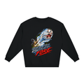 Black Mach Fore Funny Golf loose crewneck sweatshirt, front view with a screaming golf ball with blue motion streaks above Mach Fore lettering.