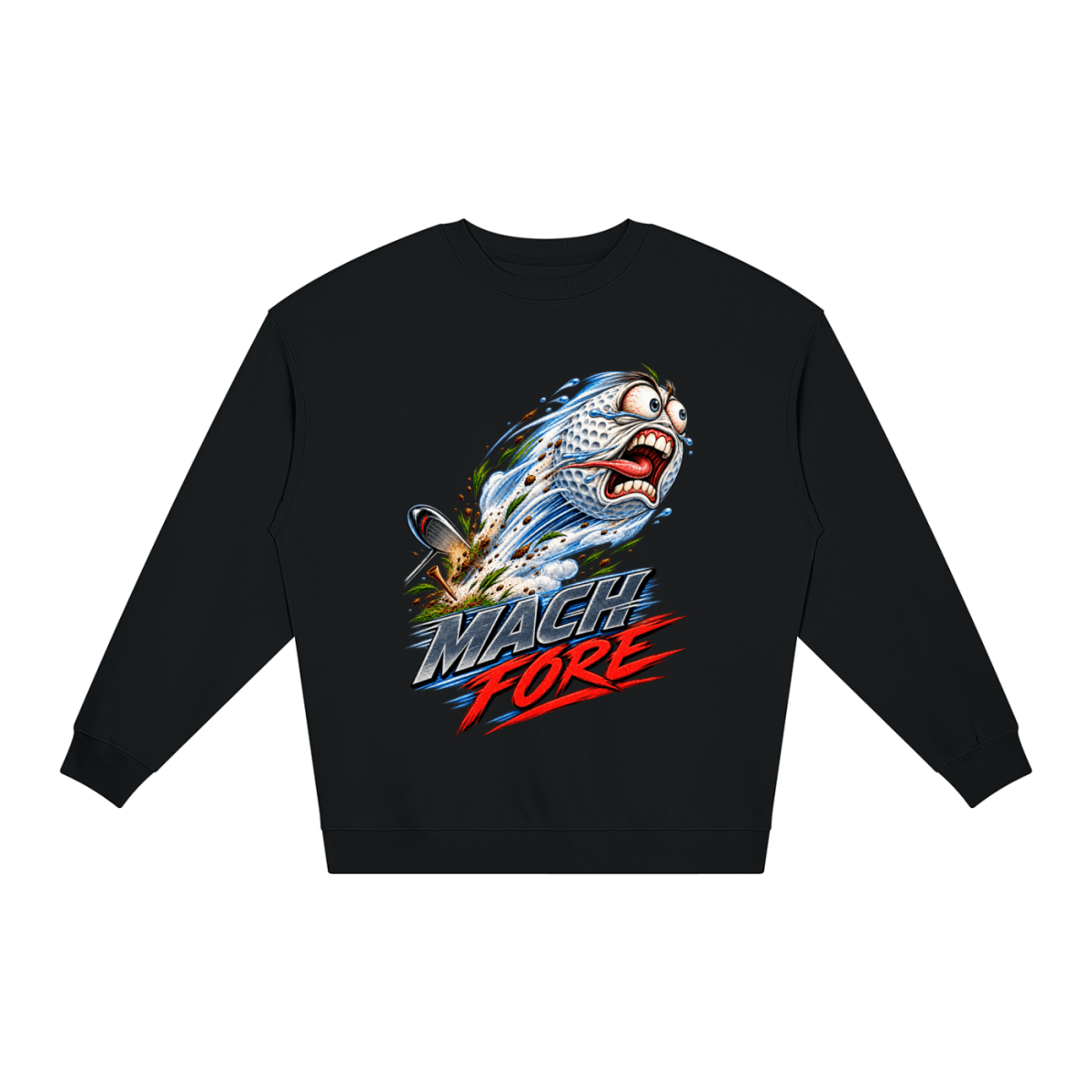 Black Mach Fore Funny Golf loose crewneck sweatshirt, front view with a screaming golf ball with blue motion streaks above Mach Fore lettering.