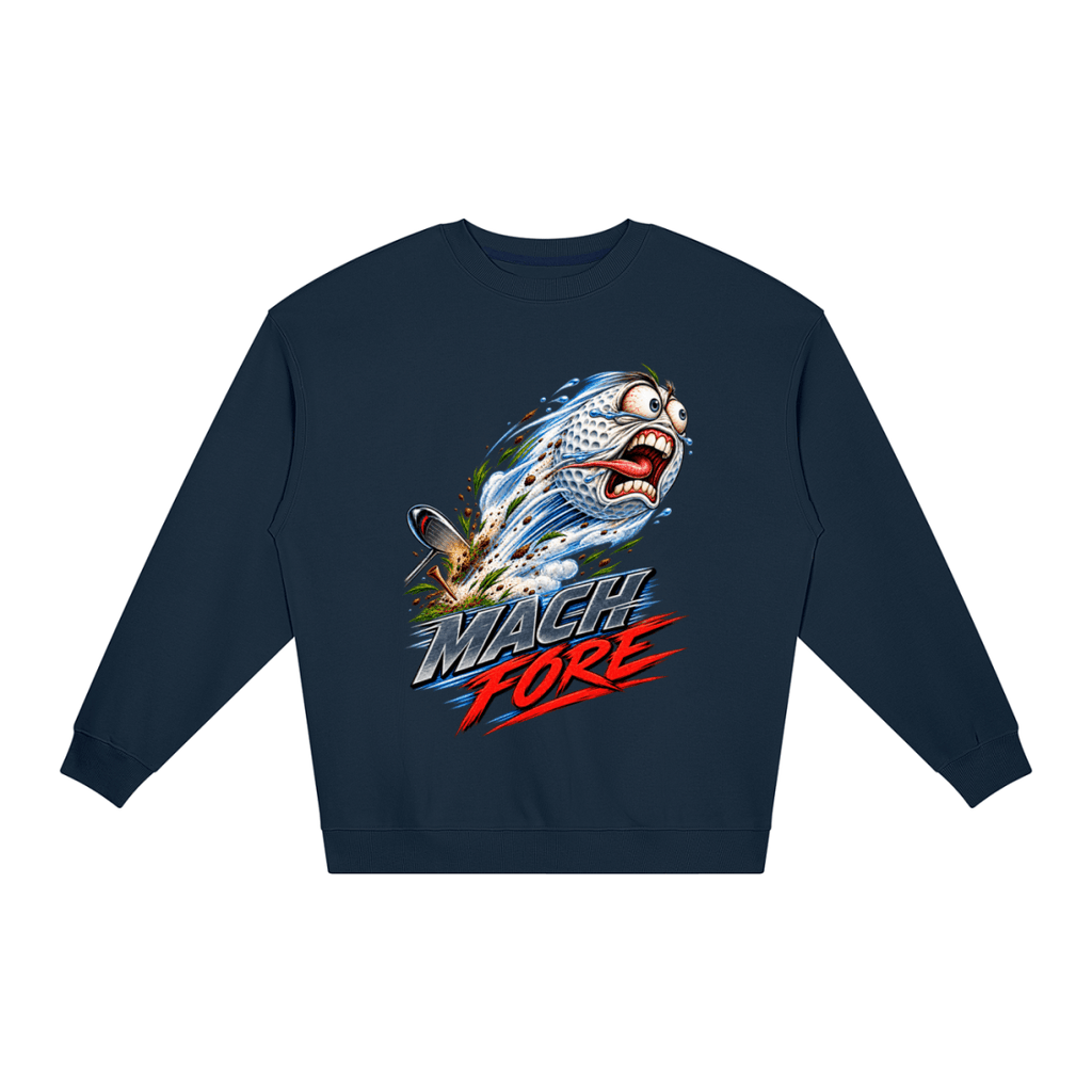 Navy blue Mach Fore Funny Golf loose crewneck sweatshirt, front view with a screaming golf ball with blue motion streaks above Mach Fore lettering.
