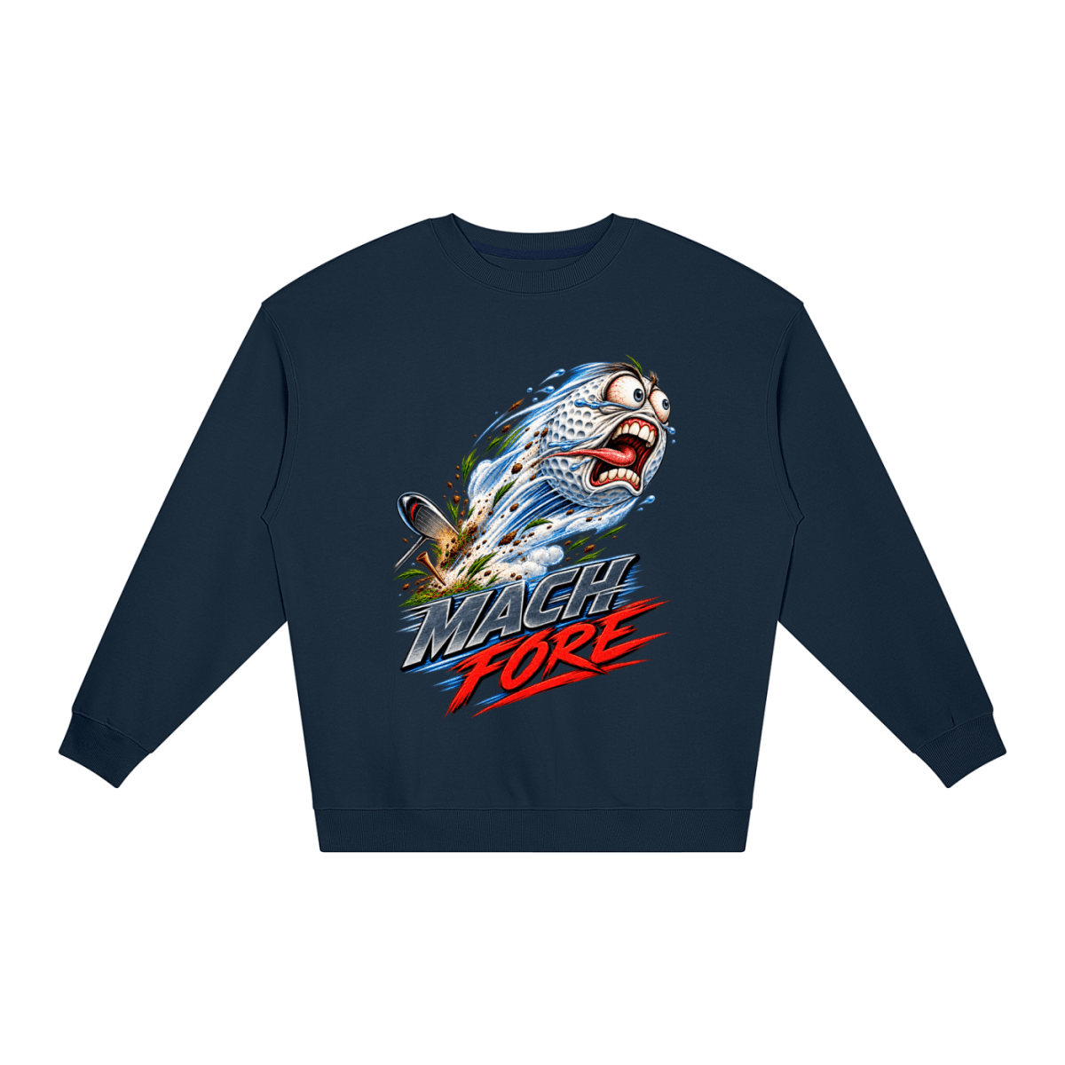 Navy blue Mach Fore Funny Golf loose crewneck sweatshirt, front view with a screaming golf ball with blue motion streaks above Mach Fore lettering.