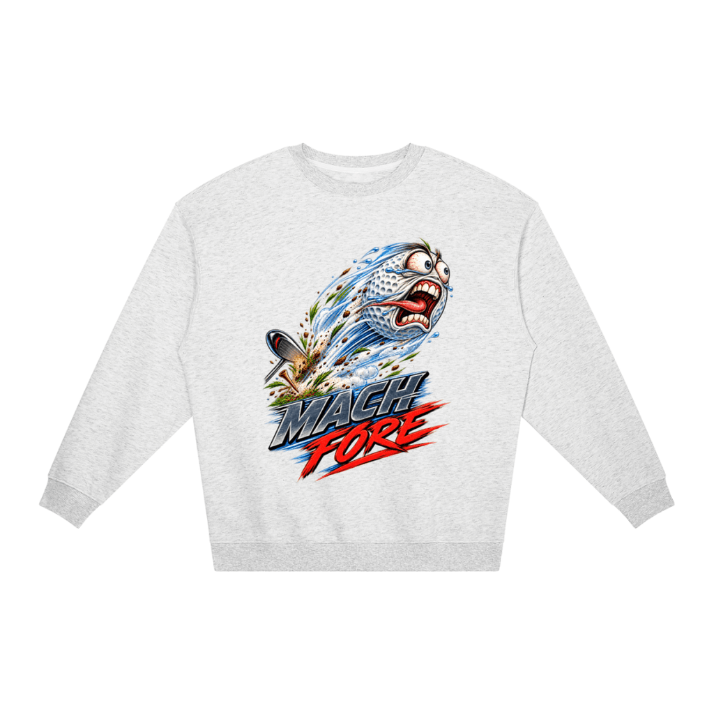 Light gray Mach Fore Funny Golf loose crewneck sweatshirt, front view with a screaming golf ball with blue motion streaks above Mach Fore lettering.