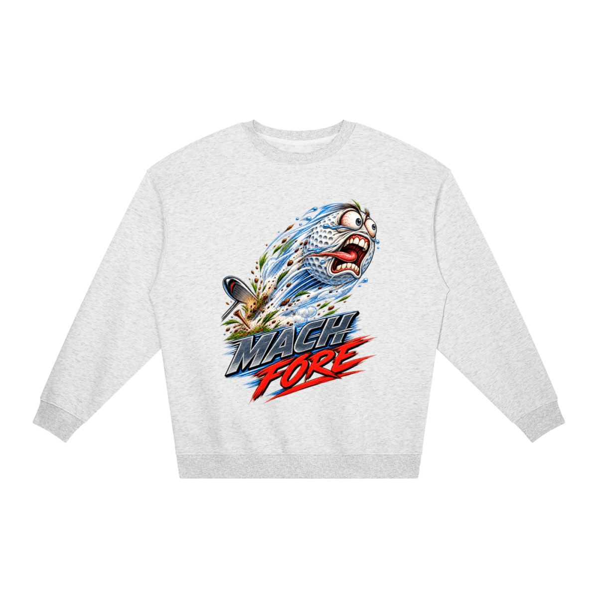 Light gray Mach Fore Funny Golf loose crewneck sweatshirt, front view with a screaming golf ball with blue motion streaks above Mach Fore lettering.