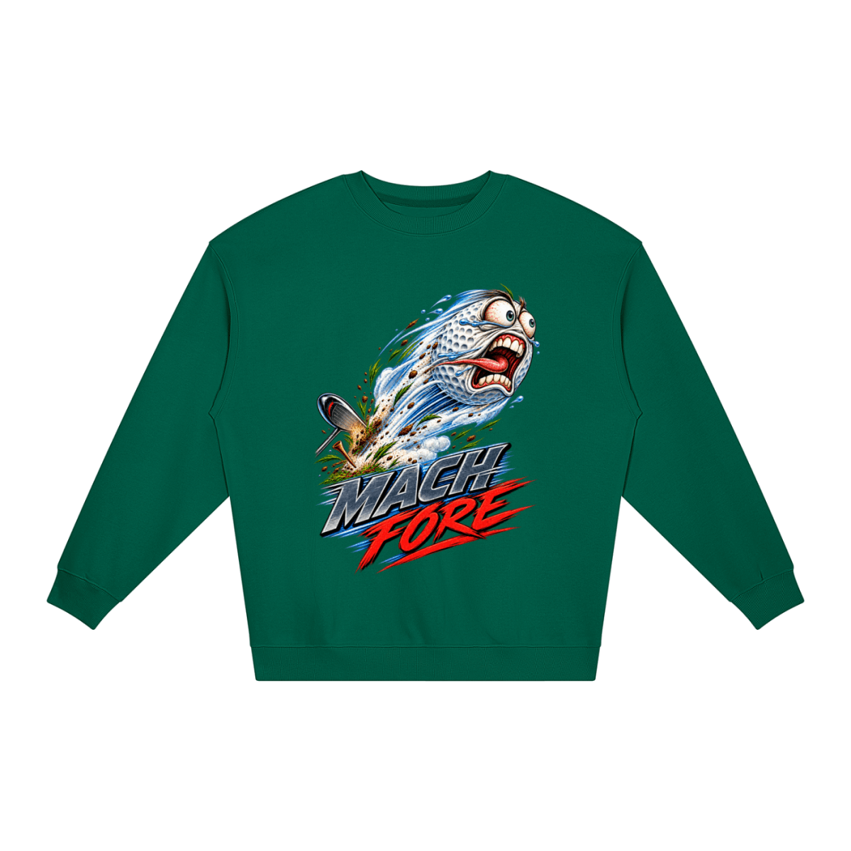 Green Mach Fore Funny Golf loose crewneck sweatshirt, front view with a screaming golf ball with blue motion streaks above Mach Fore lettering.