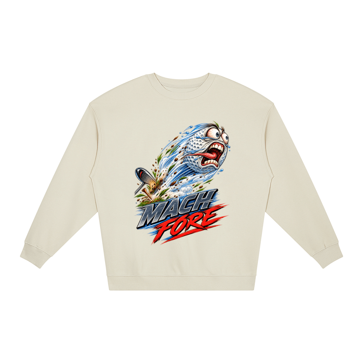 Ivory Mach Fore Funny Golf loose crewneck sweatshirt, front view with a screaming golf ball with blue motion streaks above Mach Fore lettering.
