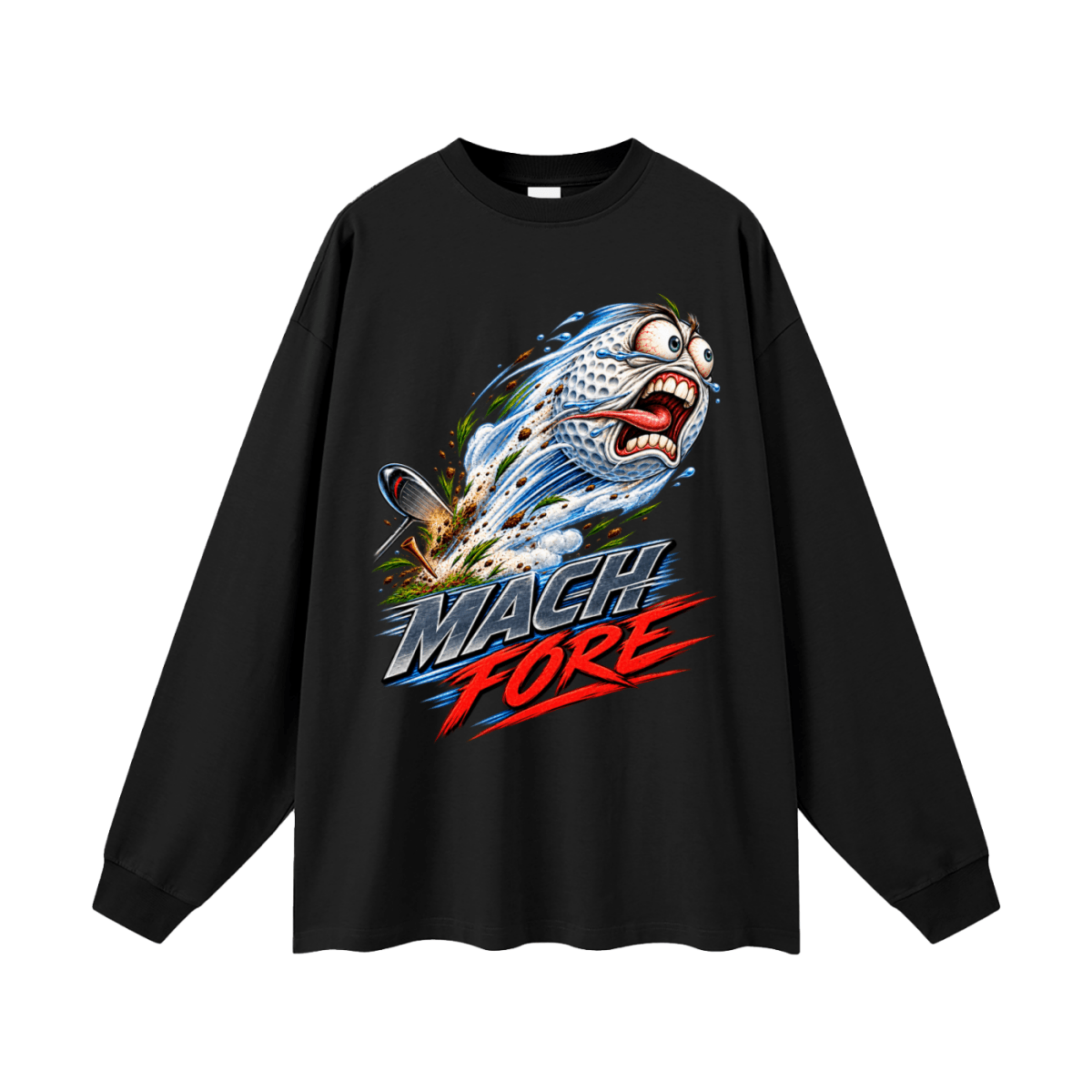 Black Mach Fore long-sleeve T-shirt, front view with a screaming cartoon golf ball with blue motion streaks and red and gray lettering.