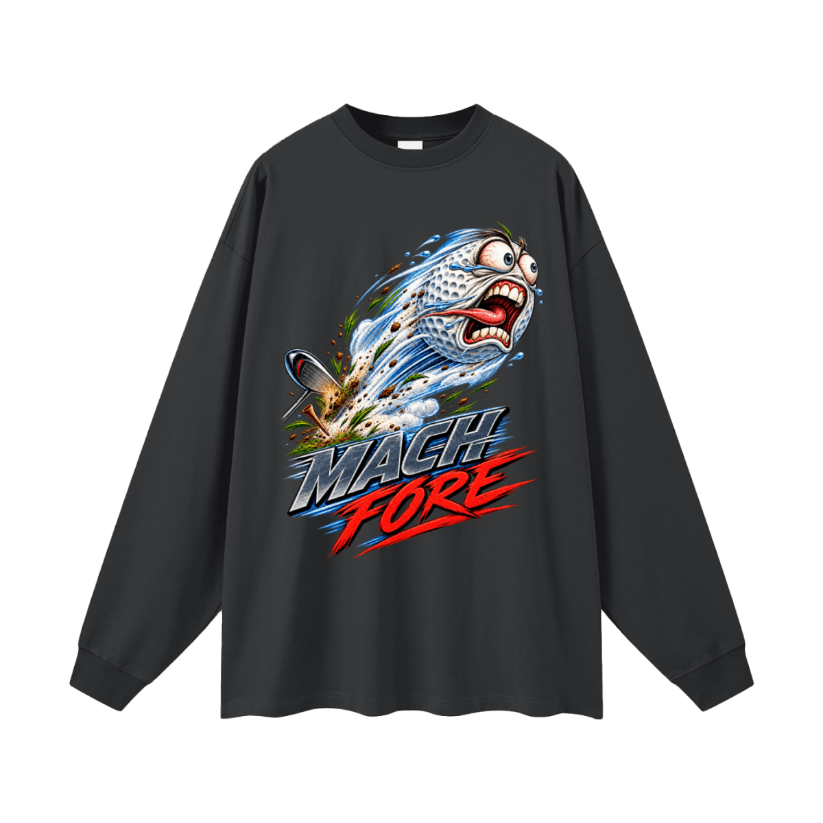 Charcoal gray Mach Fore long-sleeve T-shirt, front view with a screaming cartoon golf ball with blue motion streaks and red and gray lettering.