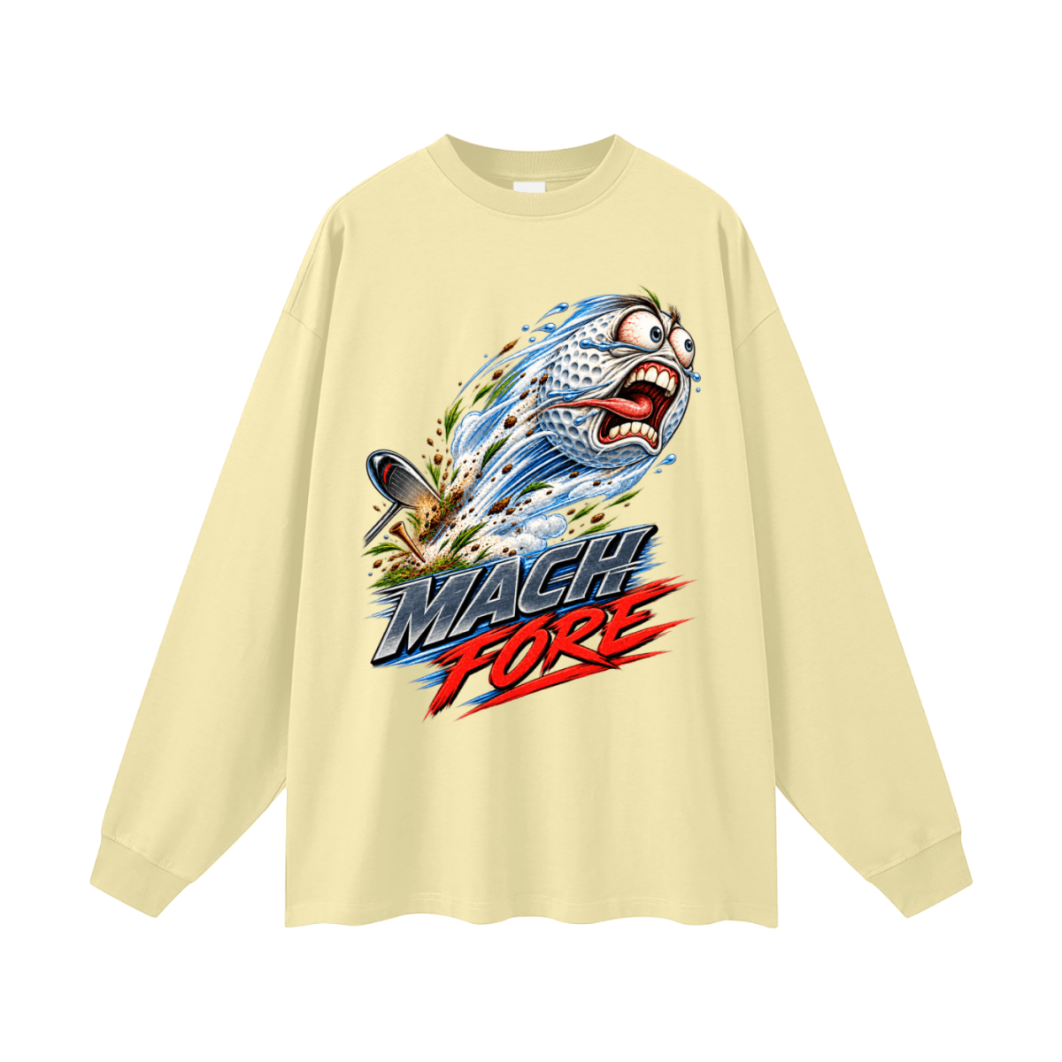 Pale yellow Mach Fore long-sleeve T-shirt, front view with a screaming cartoon golf ball with blue motion streaks and red and gray lettering.