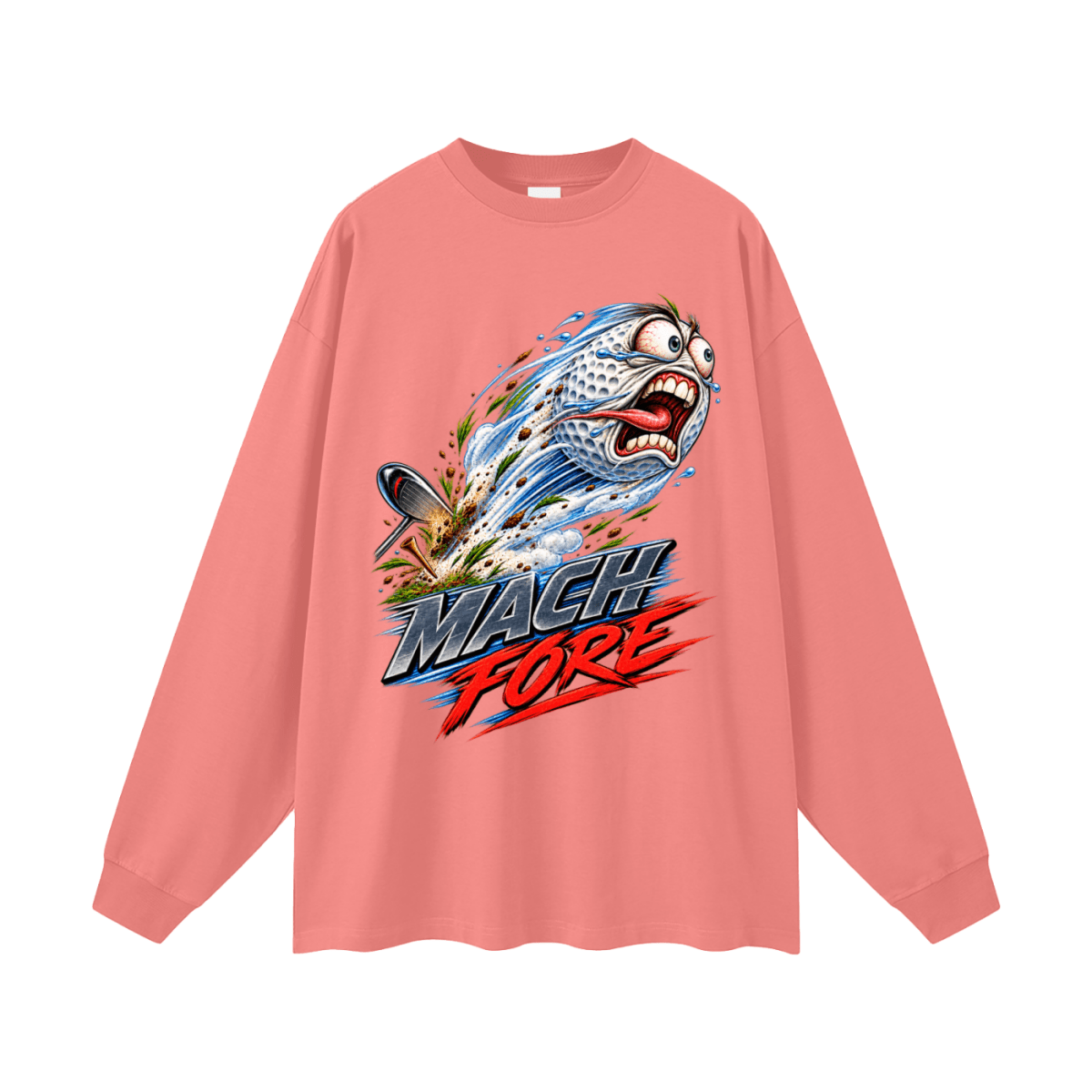 Coral pink Mach Fore long-sleeve T-shirt, front view with a screaming cartoon golf ball with blue motion streaks and red and gray lettering.
