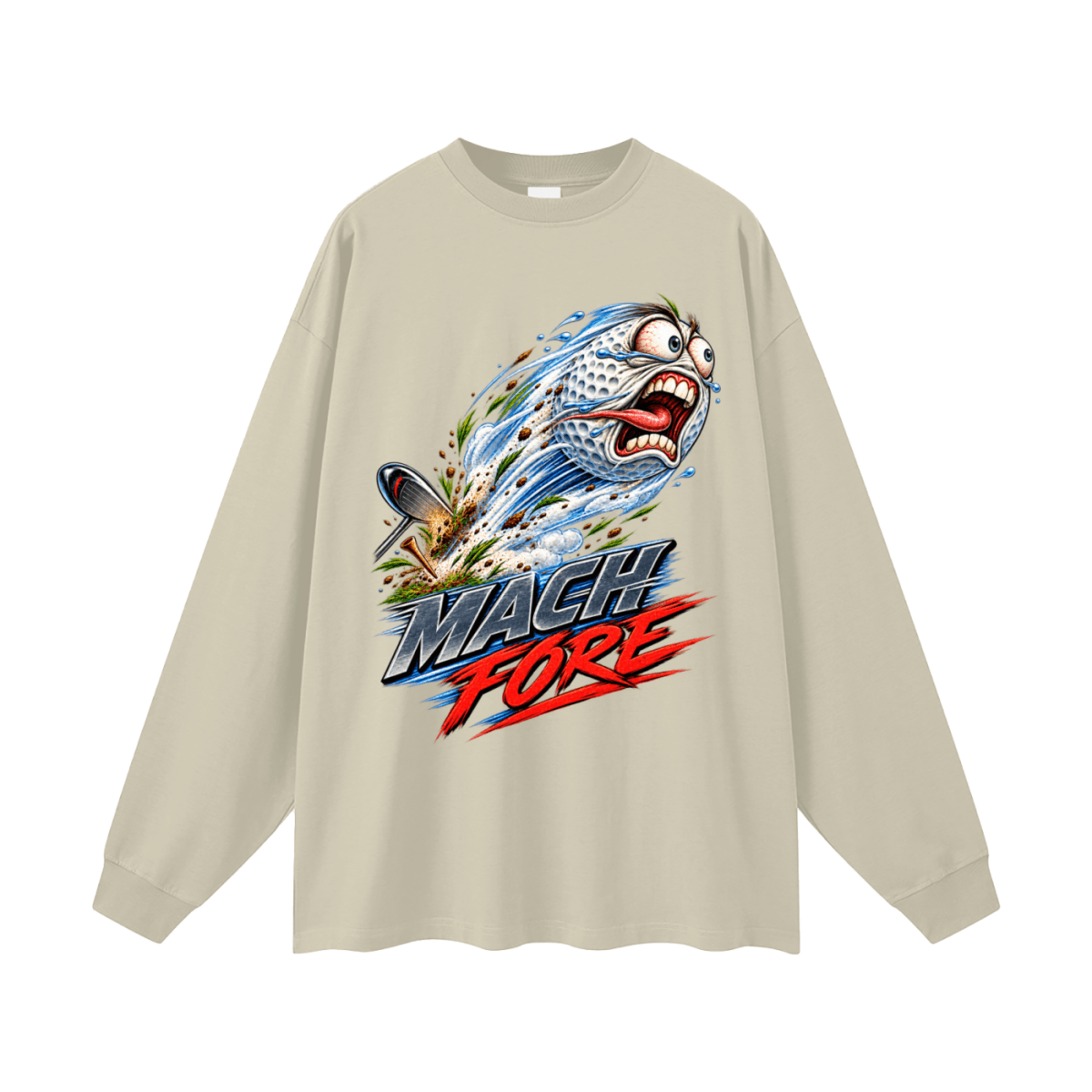 Beige Mach Fore long-sleeve T-shirt, front view with a screaming cartoon golf ball with blue motion streaks and red and gray lettering.