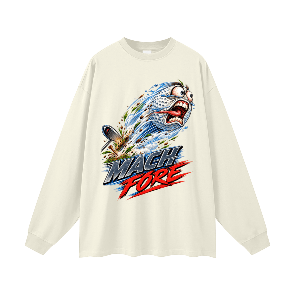Ivory Mach Fore long-sleeve T-shirt, front view with a screaming cartoon golf ball with blue motion streaks and red and gray lettering.