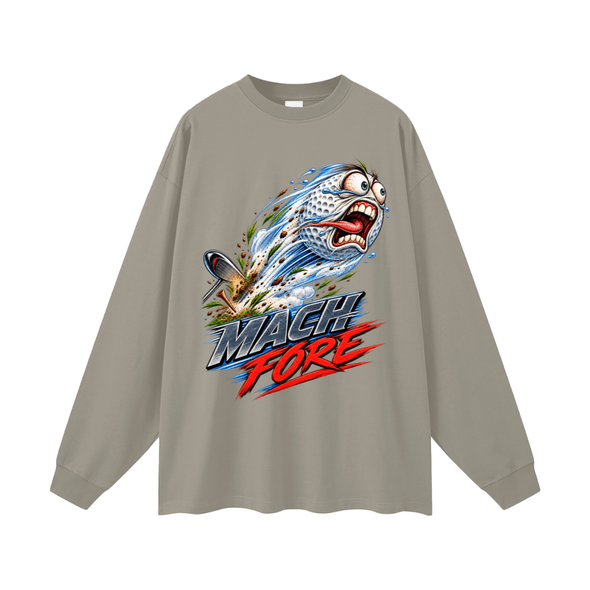Taupe gray Mach Fore long-sleeve T-shirt, front view with a screaming cartoon golf ball with blue motion streaks and red and gray lettering.