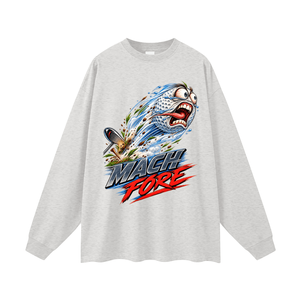Light gray Mach Fore long-sleeve T-shirt, front view with a screaming cartoon golf ball with blue motion streaks and red and gray lettering.
