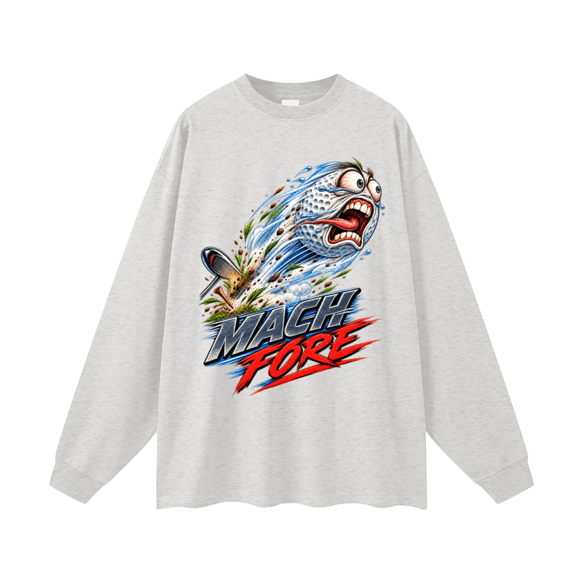 Light gray Mach Fore long-sleeve T-shirt, front view with a screaming cartoon golf ball with blue motion streaks and red and gray lettering.