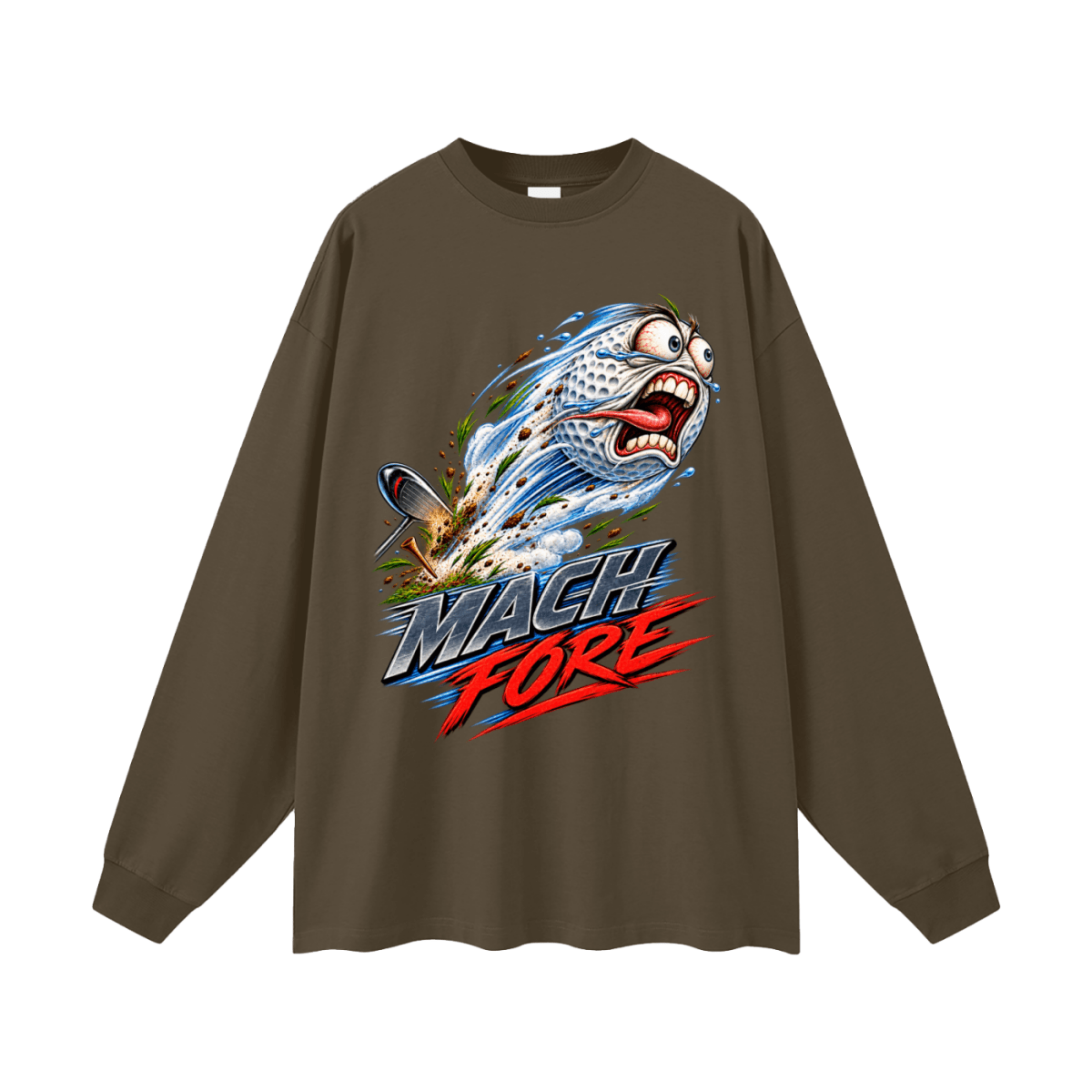 Dark brown Mach Fore long-sleeve T-shirt, front view with a screaming cartoon golf ball with blue motion streaks and red and gray lettering.
