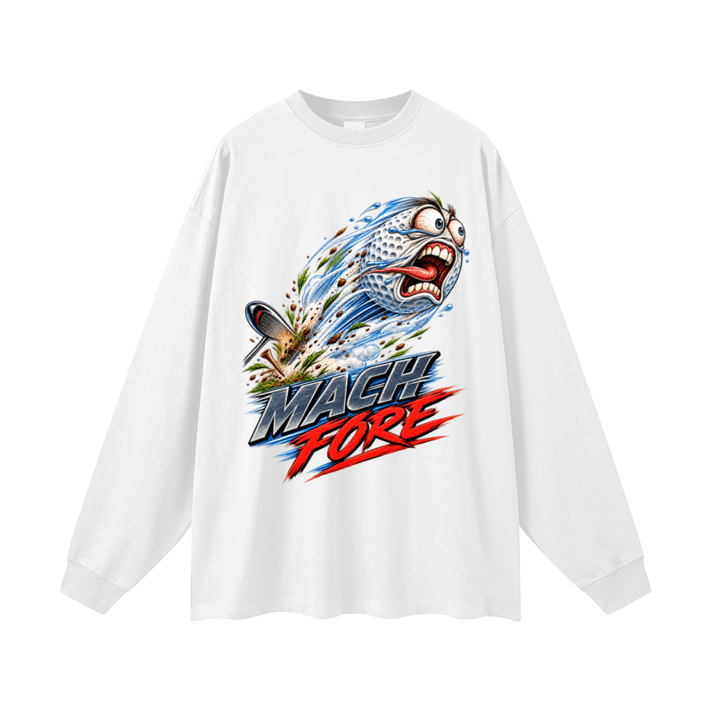 White Mach Fore long-sleeve T-shirt, front view with a screaming cartoon golf ball with blue motion streaks and red and gray lettering.