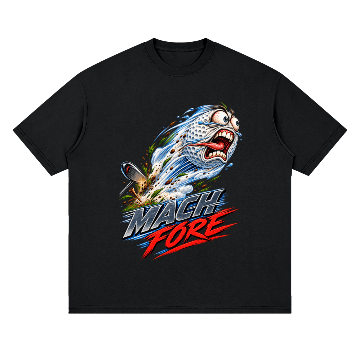 Black Mach Fore drop-shoulder T-shirt, front view with a screaming cartoon golf ball with blue motion streaks and red and gray lettering.