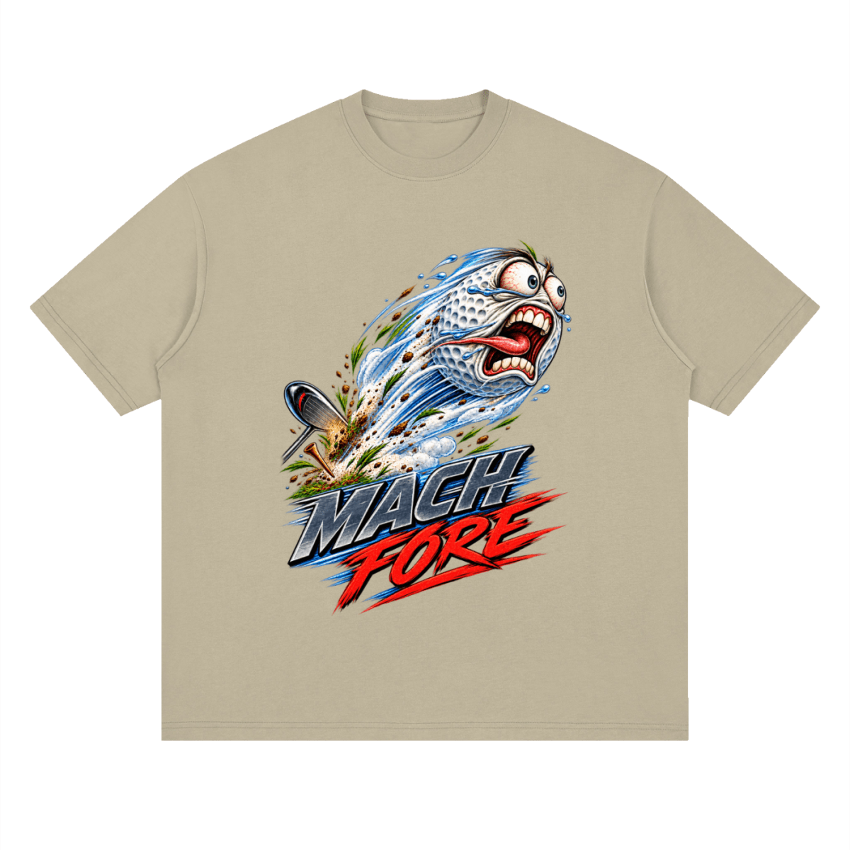 Khaki Mach Fore drop-shoulder T-shirt, front view with a screaming cartoon golf ball with blue motion streaks and red and gray lettering.