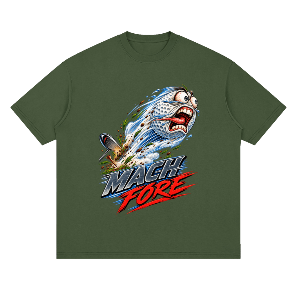 Olive green Mach Fore drop-shoulder T-shirt, front view with a screaming cartoon golf ball with blue motion streaks and red and gray lettering.