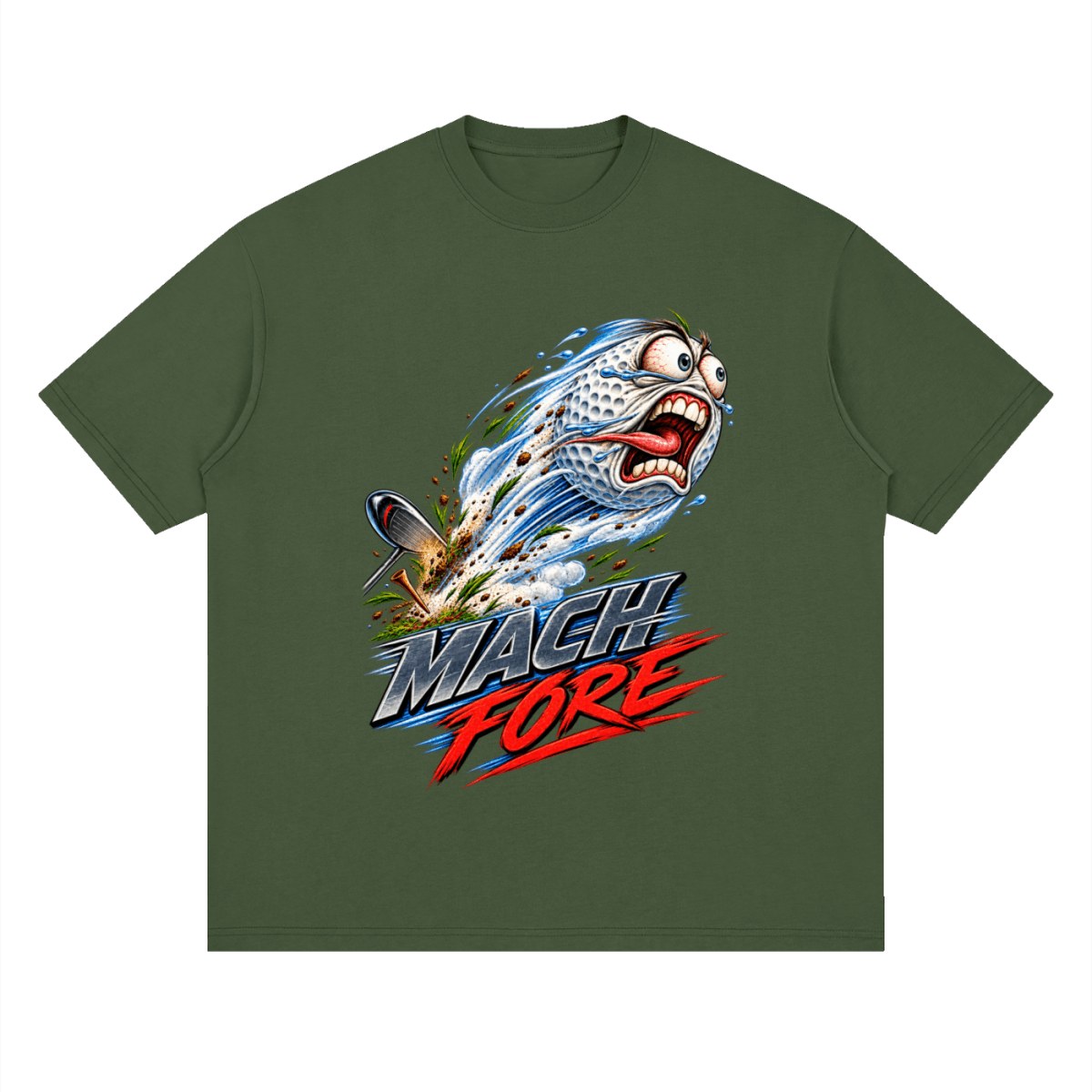 Olive green Mach Fore drop-shoulder T-shirt, front view with a screaming cartoon golf ball with blue motion streaks and red and gray lettering.